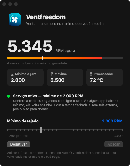 Janela do Ventfreedom com a temperatura e a rotação da ventoinha