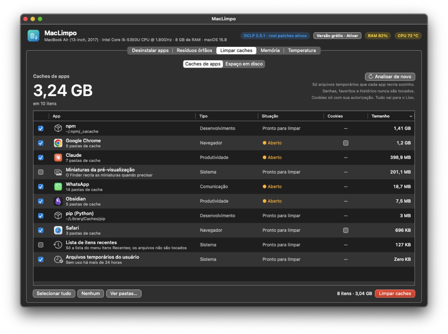 Caches encontrados no Mac